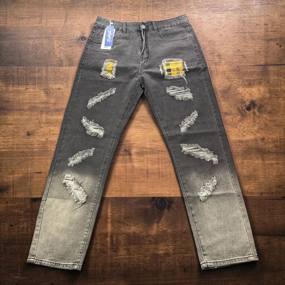NEW Romwe Mens 32 Distressed Ombre Grey Jeans Yellow Plaid Patch Straight Leg